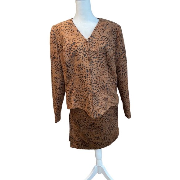 Brown Animal Print Long Sleeve Two Piece Skirt Top Set V Neck Front Zipper Sz M - Picture 1 of 13
